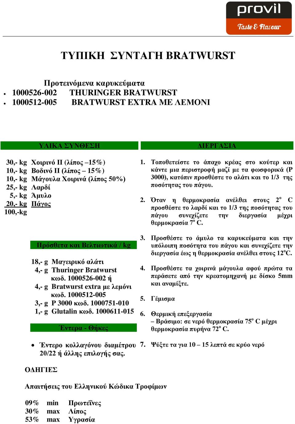 1000751-010 1,- g Glutalin κωδ. 1000611-015 Έντερο κολλαγόνου διαμέτρου 20/22 ή άλλης επιλογής σας. 1. Τοποθετείστε το άπαχο κρέας στο κούτερ και κάντε μια περιστροφή μαζί με τα φωσφορικά (P 3000), κατόπιν προσθέστε το αλάτι και το 1/3 της ποσότητας του πάγου.