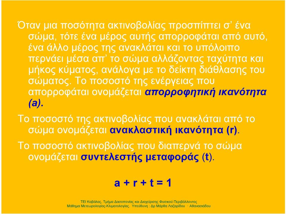 Το ποσοστό της ενέργειας που απορροφάται ονομάζεται απορροφητική ικανότητα (a).