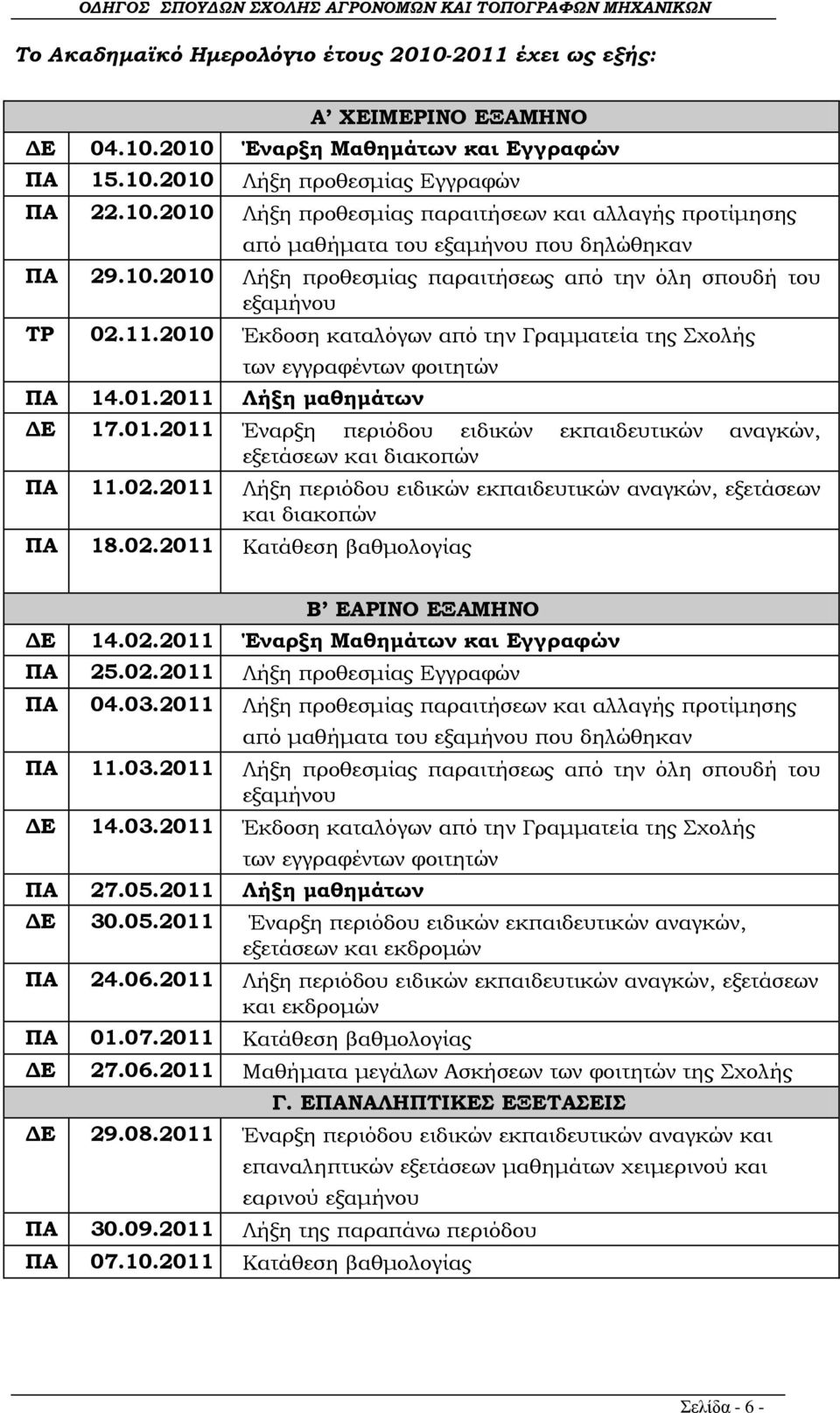 02.2011 Λήξη περιόδου ειδικών εκπαιδευτικών αναγκών, εξετάσεων και διακοπών ΠΑ 18.02.2011 Κατάθεση βαθμολογίας Β ΕΑΡΙΝΟ ΕΞΑΜΗΝΟ ΔΕ 14.02.2011 Έναρξη Μαθημάτων και Εγγραφών ΠΑ 25.02.2011 Λήξη προθεσμίας Εγγραφών ΠΑ 04.