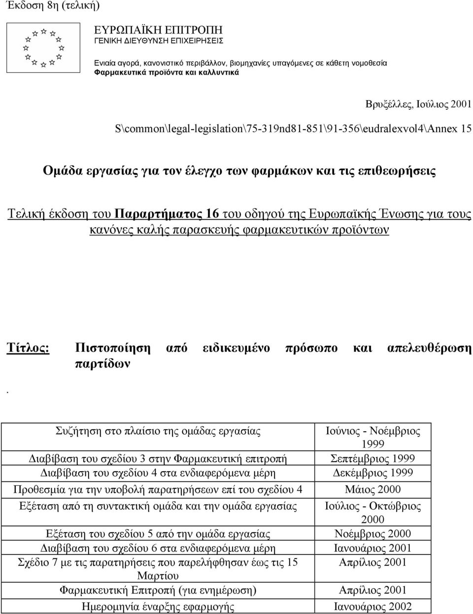 Ευρωπαϊκής Ένωσης για τους κανόνες καλής παρασκευής φαρµακευτικών προϊόντων Τίτλος: Πιστοποίηση από ειδικευµένο πρόσωπο και απελευθέρωση παρτίδων.