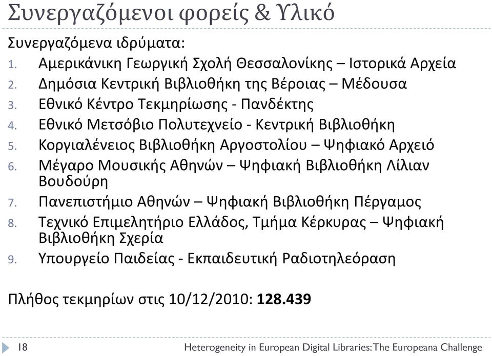 Μέγαρο Μουσικής Αθηνών Ψηφιακή Βιβλιοθήκη Λίλιαν Βουδούρη 7. Πανεπιστήμιο Αθηνών Ψηφιακή Βιβλιοθήκη Πέργαμος 8.