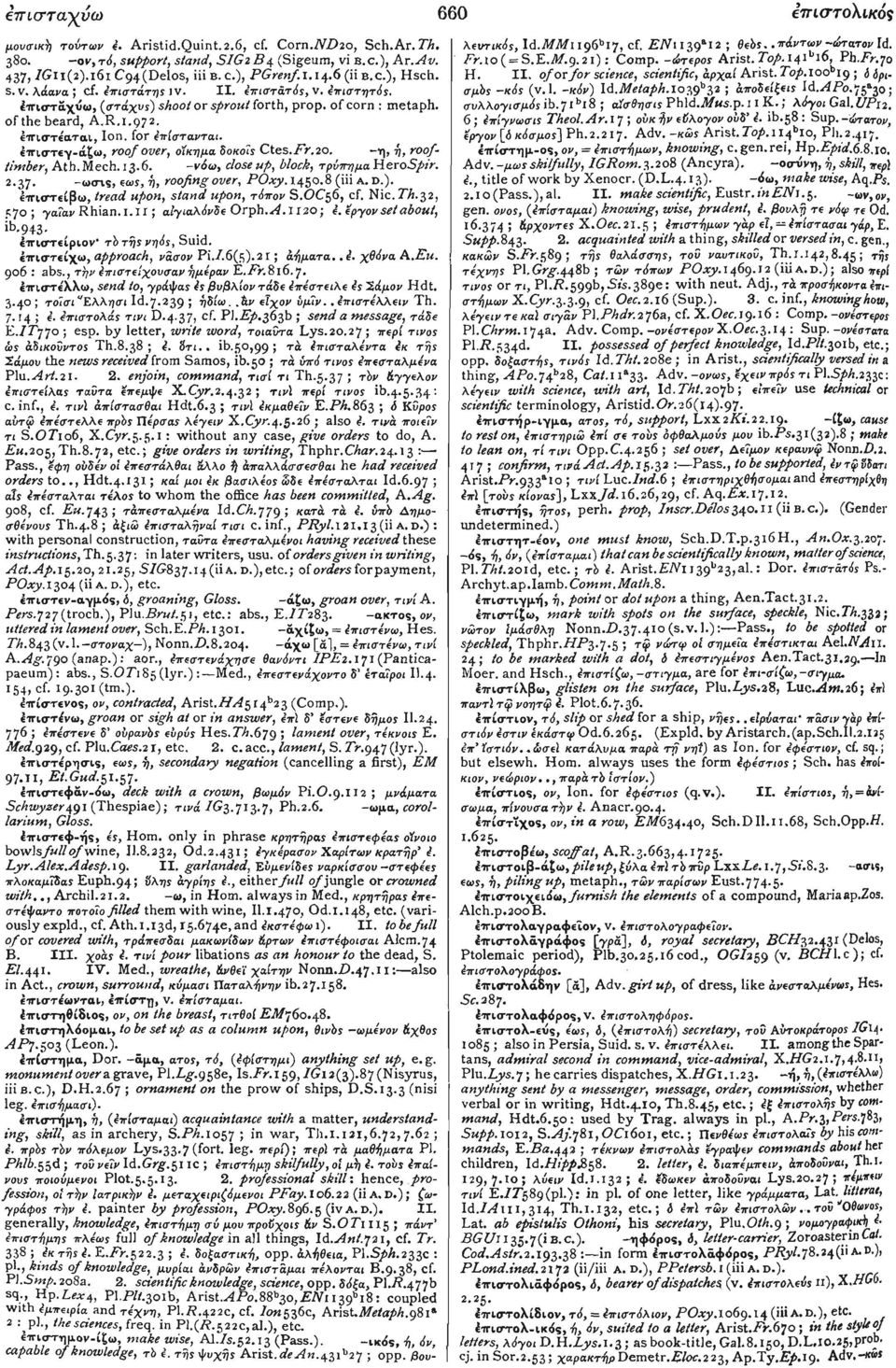 for 4πίστανται. πισ τ γ-άζω, roof over, οίκημα δοκοίς Ctes.pr.20. -η, ή, rooftimber, Ath.Mech. 13.6. -νόω, close up, block, τρνπημα^ί03ρίκ 2.37 -ωσις, εως, ή, roofing over, POxy. 1450.8 (iii A. D.).