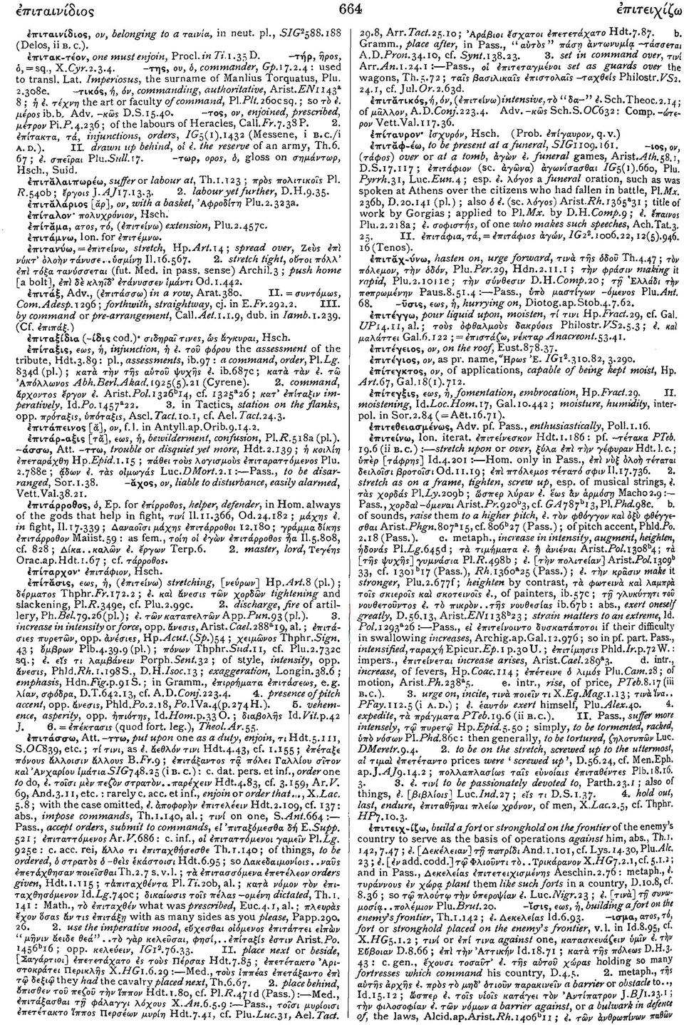 τέχνη the art or faculty of command, PI.Pit. 260csq.; so τό Ε. μέρ05 ib.b. Adv.-κω5 D.S. 15.40. -τος, ov, enjoined, prescribed, μέτρον Pi.P.4.236; of the labours of Heracles, Call.Pr.7.38 P. 2. Επίτακτα, τά, injunctions, orders, P?