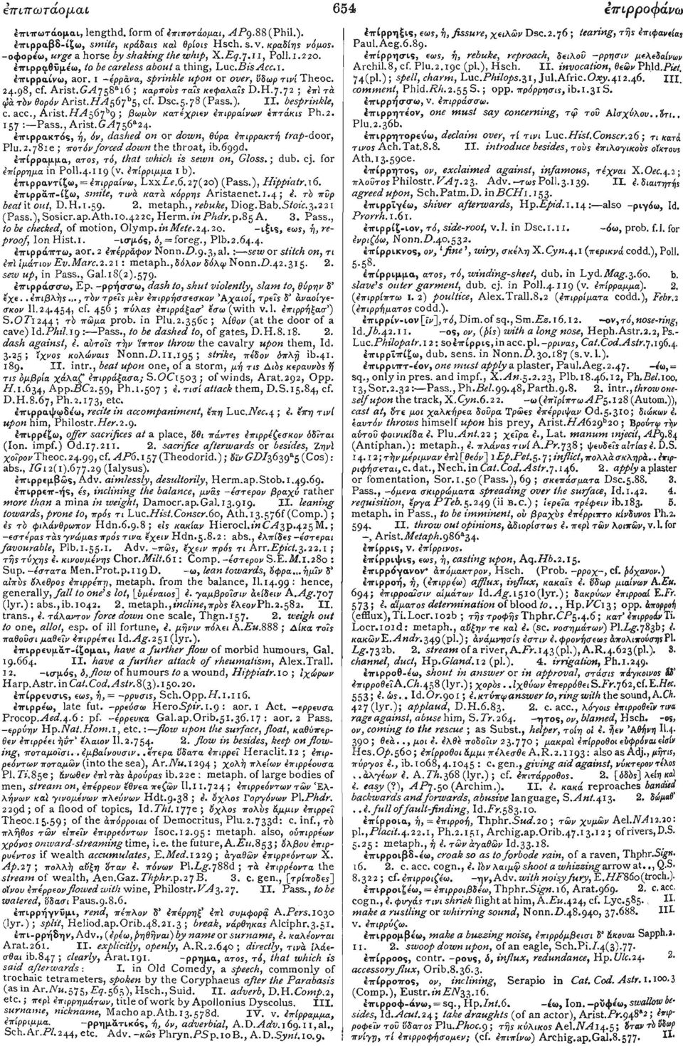 98, cf. Arist.C^i758 a 16 ; καρπούς τάΐς κεφαλάΐς D.H.7.72 ; 4π\ τά ψά τόν θορόν Arist.HA56j h 5, cf. Dsc.5.7 8 (Pass.). II. besprinkle, c. acc., Arist.