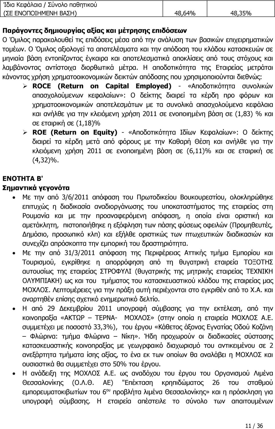 Ο Όμιλος αξιολογεί τα αποτελέσματα και την απόδοση του κλάδου κατασκευών σε μηνιαία βάση εντοπίζοντας έγκαιρα και αποτελεσματικά αποκλίσεις από τους στόχους και λαμβάνοντας αντίστοιχα διορθωτικά