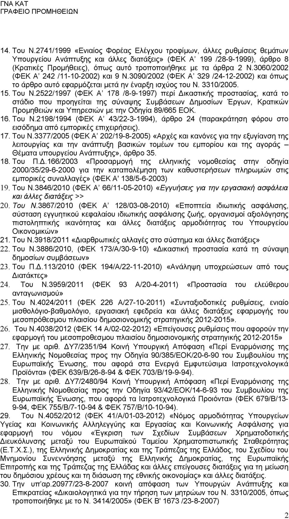 άρθρα 2 Ν.3060/2002 (ΦΕΚ Α 242 /11-10-2002) και 9 Ν.3090/2002 (ΦΕΚ Α 329 /24-12-2002) και όπως το άρθρο αυτό εφαρμόζεται μετά ην έναρξη ισχύος του Ν. 3310/2005. 15. Του Ν.