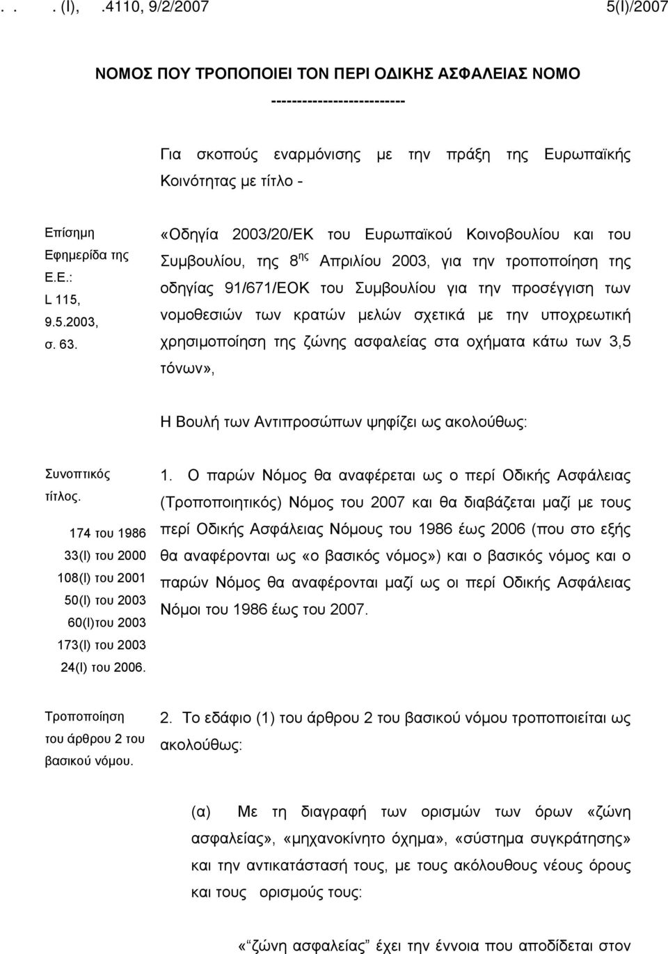 μελών σχετικά με την υποχρεωτική χρησιμοποίηση της ζώνης ασφαλείας στα οχήματα κάτω των 3,5 τόνων», Η Βουλή των Αντιπροσώπων ψηφίζει ως ακολούθως: Συνοπτικός τίτλος.