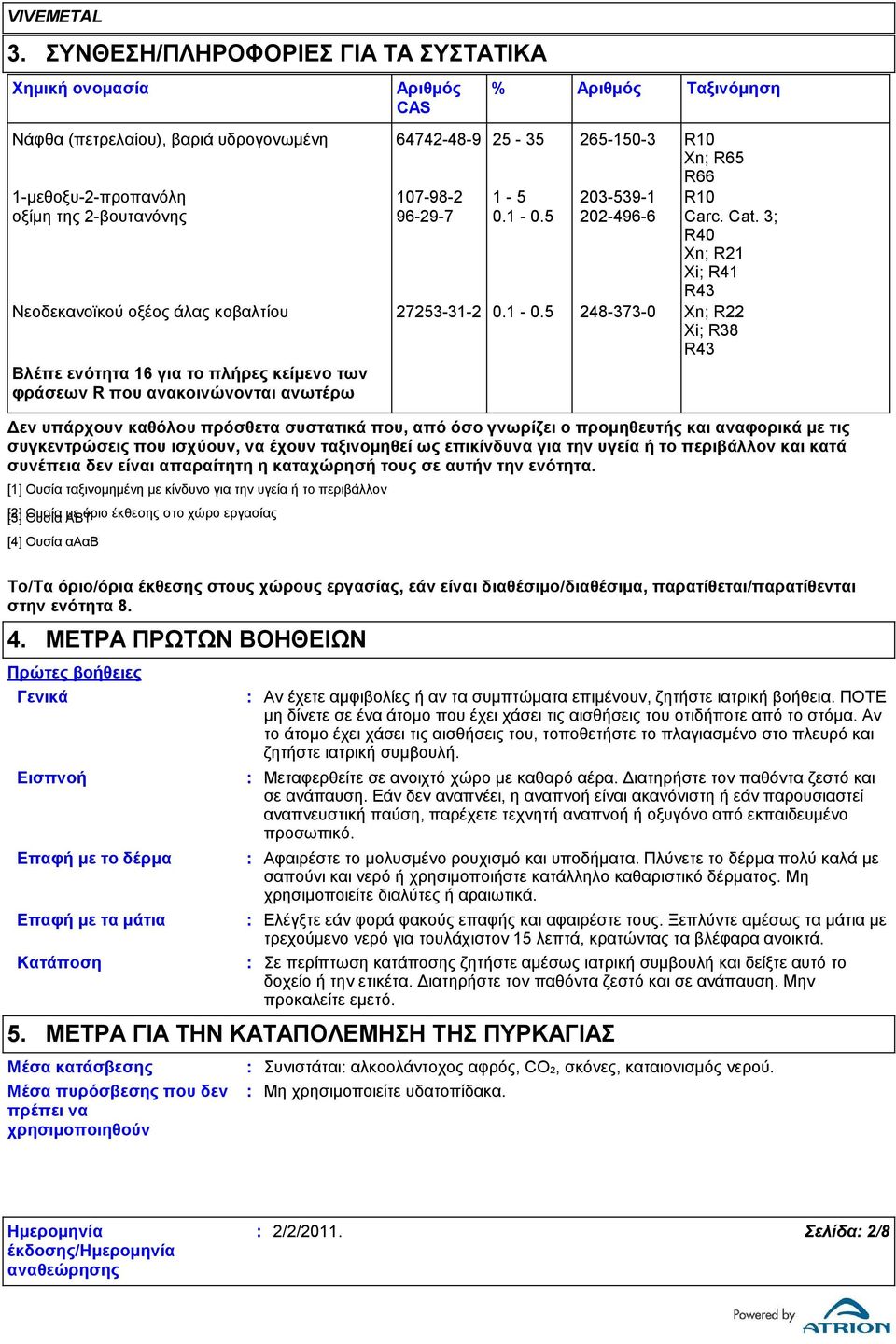 5 202-496-6 Carc. Cat. ; R40 Xn; R21 Xi; R41 R4 Νεοδεκανοϊκού οξέος άλας κοβαλτίου 2725-1-2 0.1-0.