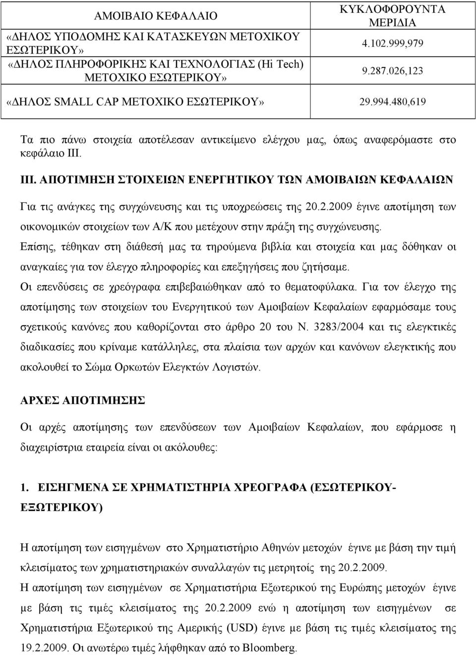 III. ΑΠΟΤΙΜΗΣΗ ΣΤΟΙΧΕΙΩΝ ΕΝΕΡΓΗΤΙΚΟΥ ΤΩΝ ΑΜΟΙΒΑΙΩΝ ΚΕΦΑΛΑΙΩΝ Για τις ανάγκες της συγχώνευσης και τις υποχρεώσεις της 20