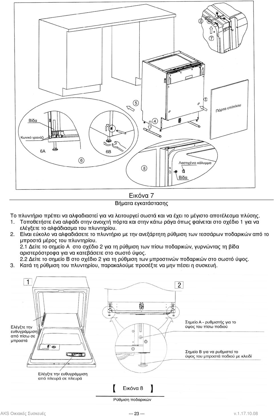 Είναι εύκολο να αλφαδιάσετε το πλυντήριο µε την ανεξάρτητη ρύθµιση των τεσσάρων ποδαρικών από το µπροστά µέρος του πλυντηρίου. 2.