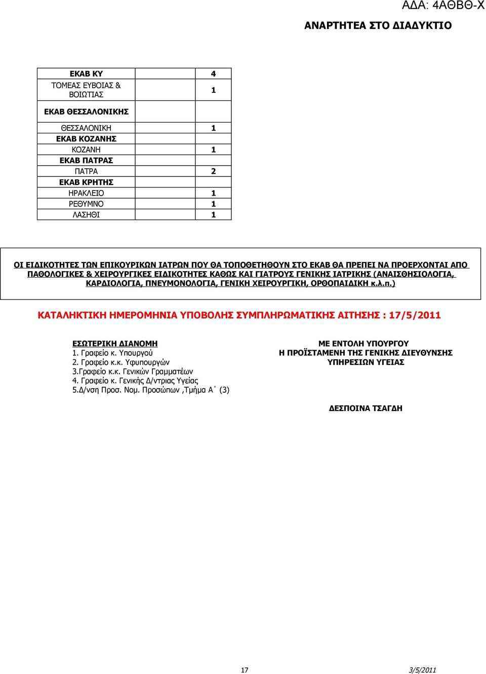 ΧΕΙΡΟΥΡΓΙΚΗ, ΟΡΘΟΠΑΙΔΙΚΗ κ.λ.π.) ΚΑΤΑΛΗΚΤΙΚΗ ΗΜΕΡΟΜΗΝΙΑ ΥΠΟΒΟΛΗΣ ΣΥΜΠΛΗΡΩΜΑΤΙΚΗΣ ΑΙΤΗΣΗΣ : 7/5/20 ΕΣΩΤΕΡΙΚΗ ΔΙΑΝΟΜΗ. Γραφείο κ. Υπουργού 2. Γραφείο κ.κ. Υφυπουργών 3.Γραφείο κ.κ. Γενικών Γραμματέων 4.