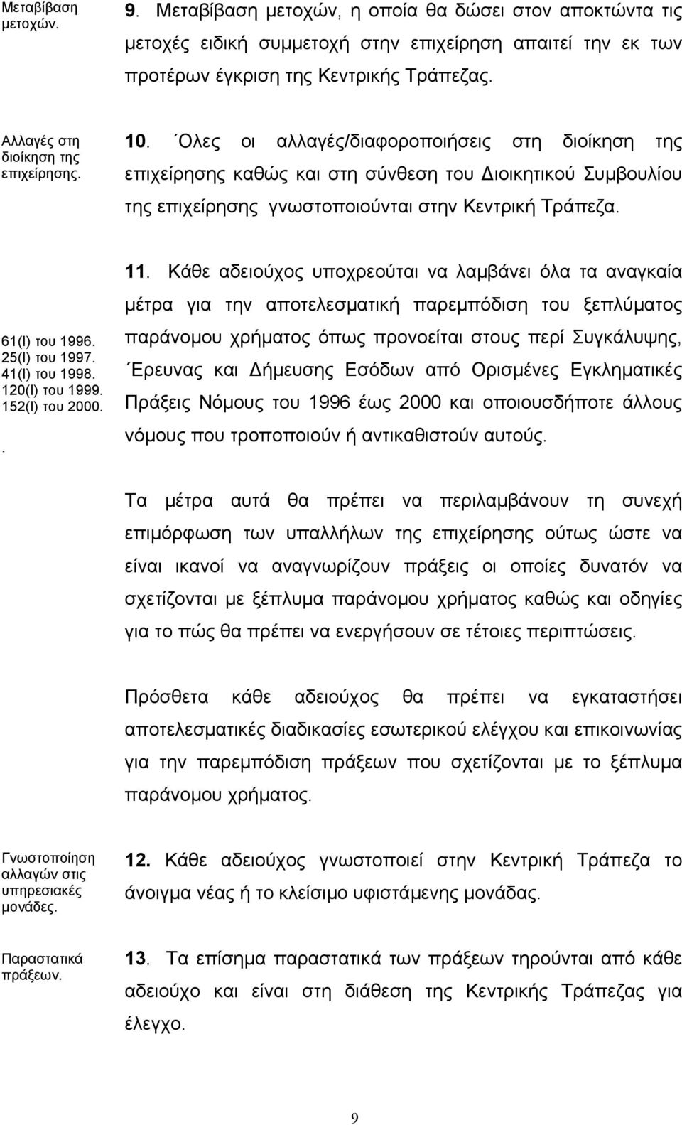 Ολες οι αλλαγές/διαφοροποιήσεις στη διοίκηση της επιχείρησης καθώς και στη σύνθεση του ιοικητικού Συµβουλίου της επιχείρησης γνωστοποιούνται στην Κεντρική Τράπεζα. 61(Ι) του 1996. 25(Ι) του 1997.