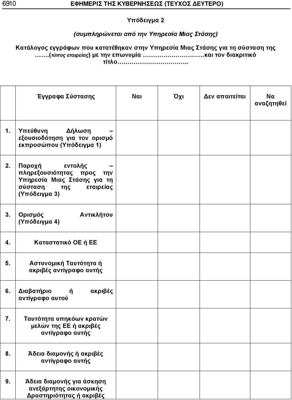 Παροχή εντολής πληρεξουσιότητας προς την Υπηρεσία Μιας Στάσης για τη σύσταση της εταιρείας (Υπόδειγμα 3) 3. Ορισμός Αντικλήτου (Υπόδειγμα 4) 4. Καταστατικό ΟΕ ή ΕΕ 5.