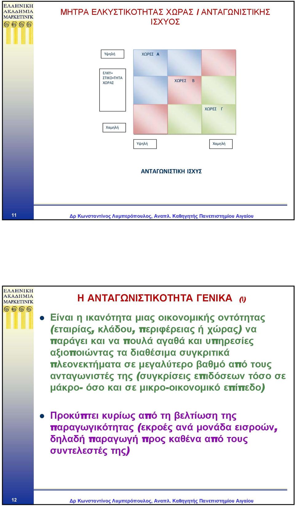 υπηρεσίες αξιοποιώντας τα διαθέσιµα συγκριτικά πλεονεκτήµατα σε µεγαλύτερο βαθµό από τους ανταγωνιστές της (συγκρίσεις επιδόσεων τόσο σε µάκρο- όσο και σε µικρο-οικονοµικό επίπεδο)