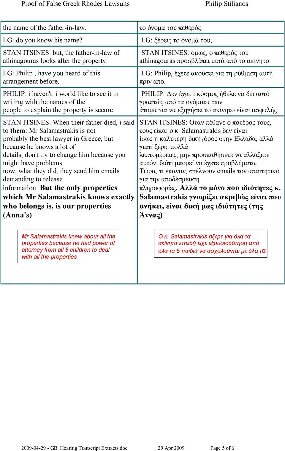 STAN ITSINES: When their father died, i said to them: Mr Salamastrakis is not probably the best lawyer in Greece, but because he knows a lot of details, don't try to change him because you might have