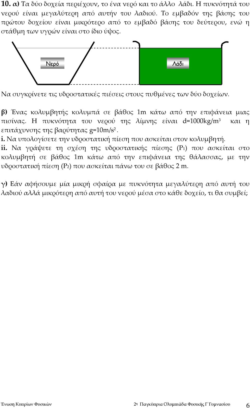 Νερό Λάδι Να συγκρίνετε τις υδροστατικές πιέσεις στους πυθμένες των δύο δοχείων. β) Ένας κολυμβητής κολυμπά σε βάθος 1m κάτω από την επιφάνεια μιας πισίνας.