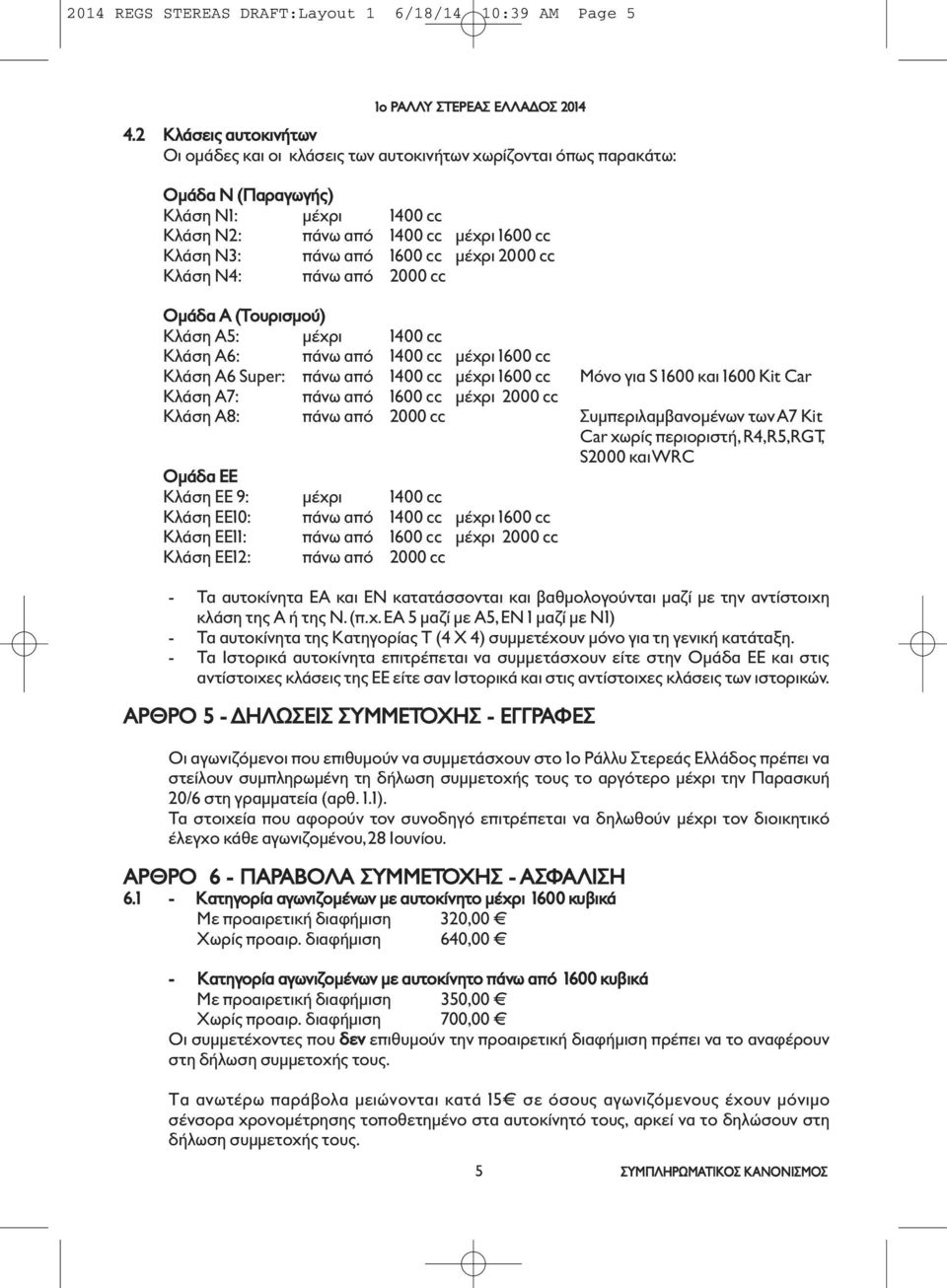 μέχρι 2000 cc Κλάση N4: πάνω από 2000 cc Ομάδα A (Τουρισμού) Κλάση A5: μέχρι 400 cc Κλάση A6: πάνω από 400 cc μέχρι 600 cc Κλάση Α6 Super: πάνω από 400 cc μέχρι 600 cc Μόνο για S 600 και 600 Kit Car