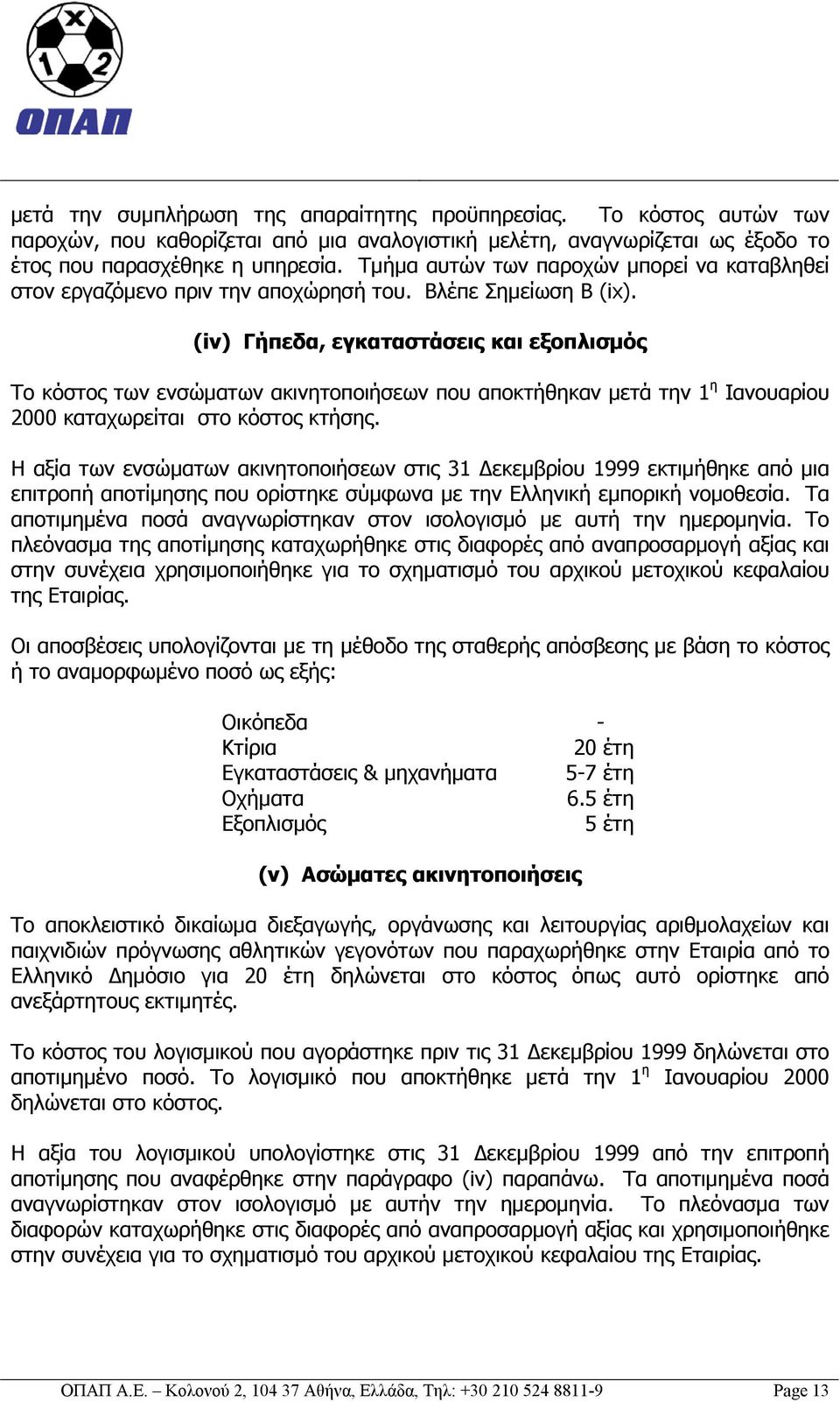 (iv) Γήπεδα, εγκαταστάσεις και εξοπλισμός Το κόστος των ενσώματων ακινητοποιήσεων που αποκτήθηκαν μετά την 1 η Ιανουαρίου 2000 καταχωρείται στο κόστος κτήσης.