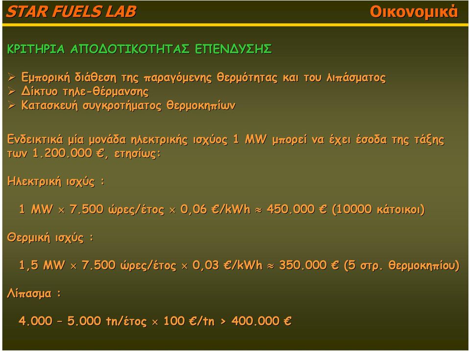 έσοδα της τάξης των 1.200.000, ετησίως: Ηλεκτρική ισχύς : 1 ΜW 7.500 ώρες/έτος 0,06 /kwh 450.