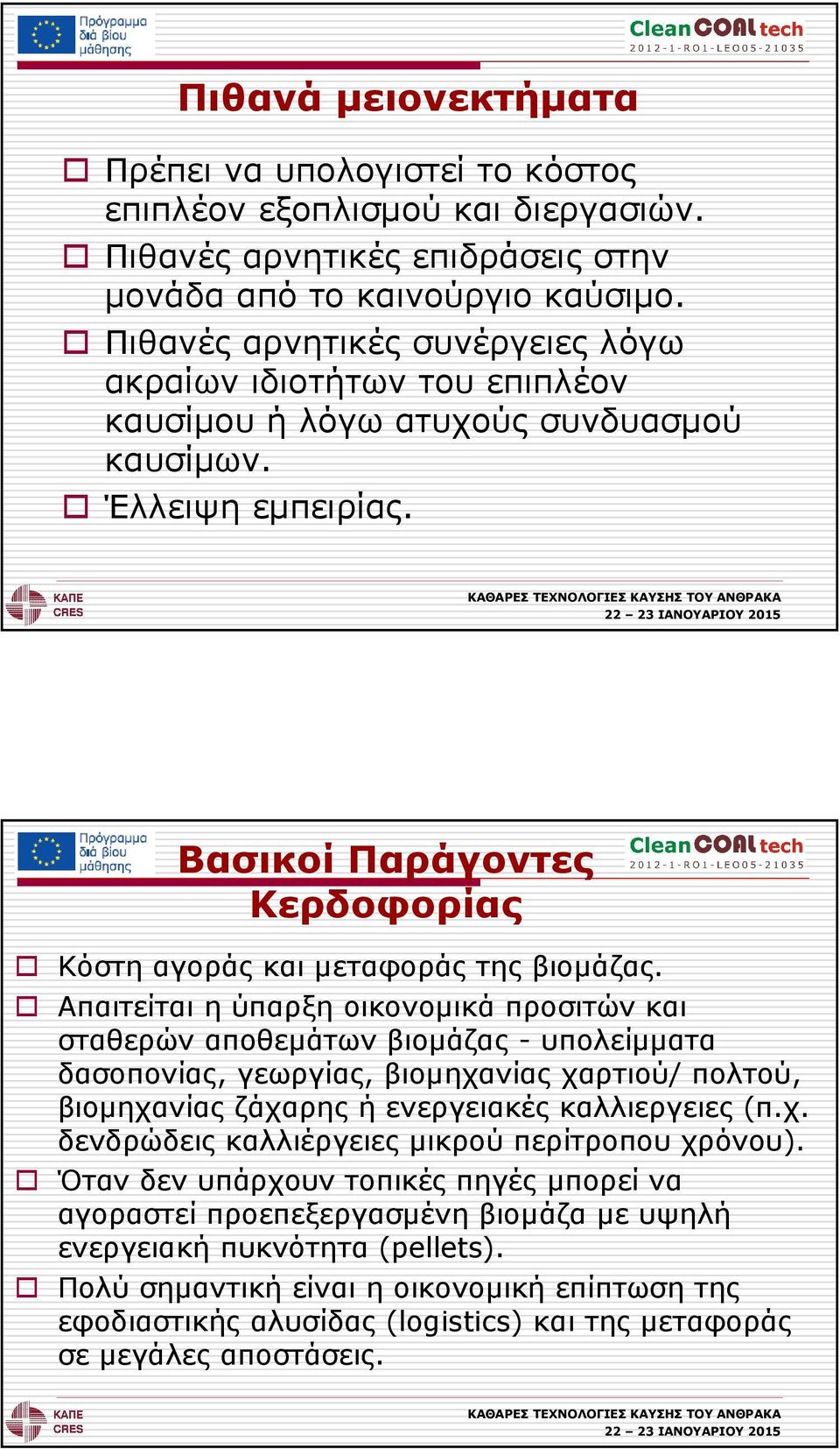 Απαιτείται η ύπαρξη οικονοµικά προσιτών και σταθερών αποθεµάτων βιοµάζας - υπολείµµατα δασοπονίας, γεωργίας, βιοµηχανίας χαρτιού/ πολτού, βιοµηχανίας ζάχαρης ή ενεργειακές καλλιεργειες (π.χ. δενδρώδεις καλλιέργειες µικρού περίτροπου χρόνου).