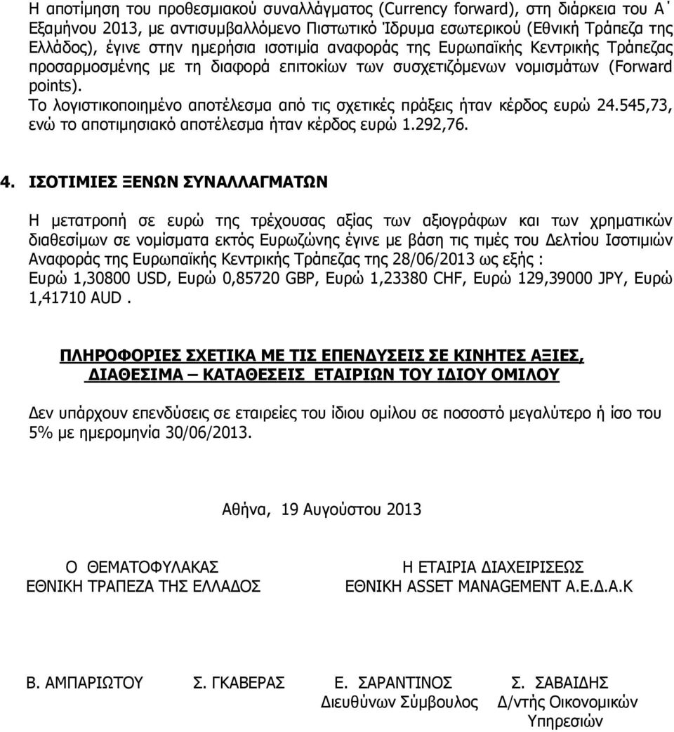 Το λογιστικοποιηµένο αποτέλεσµα από τις σχετικές πράξεις ήταν κέρδος ευρώ 24.545,73, ενώ το αποτιµησιακό αποτέλεσµα ήταν κέρδος ευρώ 1.292,76. 4.