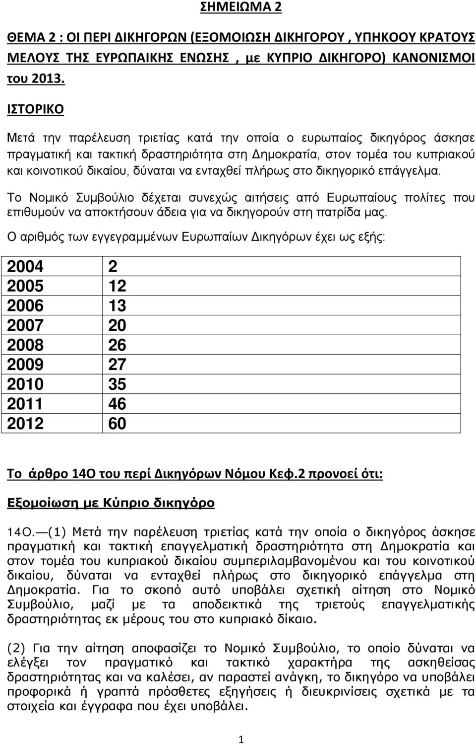 ενταχθεί πλήρως στο δικηγορικό επάγγελμα. Το Νομικό Συμβούλιο δέχεται συνεχώς αιτήσεις από Ευρωπαίους πολίτες που επιθυμούν να αποκτήσουν άδεια για να δικηγορούν στη πατρίδα μας.