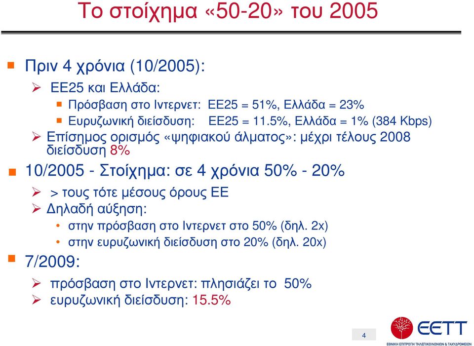 5%, Ελλάδα = 1% (384 Kbps) Επίσηµος ορισµός «ψηφιακού άλµατος»: µέχρι τέλους 2008 διείσδυση 8% 10/2005 -Στοίχηµα: σε 4