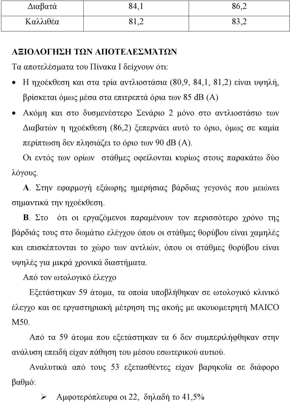 db (A). Οι εντός των ορίων στάθµες οφείλονται κυρίως στους παρακάτω δύο λόγους. Α. Στην εφαρµογή εξάωρης ηµερήσιας βάρδιας γεγονός που µειώνει σηµαντικά την ηχοέκθεση. Β.