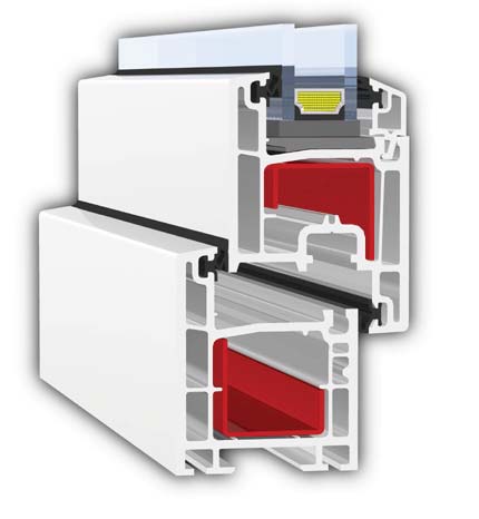 Dverný profilový systém moderný design so skosenými hranami, viac stability a odolnosti proti skrutu vďaka väčším komorám a masívnejším oceľovým výstuhám, zvarené spojky rohov pre tuhosť profilu,