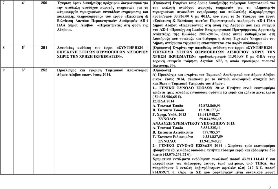 8 5 ο 251 Απευθείας ανάθεση του έργου «ΣΥΝΤΗΡΗΣΗ ΕΠΙΣΚΕΥΗ ΣΤΕΓΩΝ ΘΕΡΜΟΠΗΓΩΝ ΛΙΣΒΟΡΙΟΥ ΧΩΡΙΣ ΤΗΝ ΧΡΗΣΗ ΙΚΡΙΩΜΑΤΩΝ». 9 6 ο 252 Προέλεγχος και έγκριση Ταμειακού Απολογισμού Δήμου Λέσβου οικον.