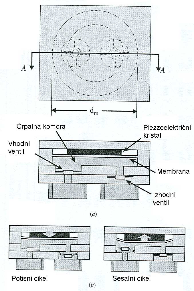 Slika 8: Mikročrpalka na membrano poganja kos piezoelektrika prego upogljive membrane iz PDMS. Pretakanje v željeno smer poteka preko dveh ventilov, sesalnega in izpušnega.