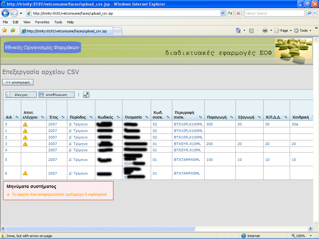Ενημέρωση τρέχουσας περιόδου > Ενημέρωση από αρχείο csv 5. Το σύστημα προβαίνει σε έλεγχο των εγγραφών τις οποίες και εμφανίζει στο πίνακα της φόρμας «Επεξεργασία αρχείου CSV». 6.