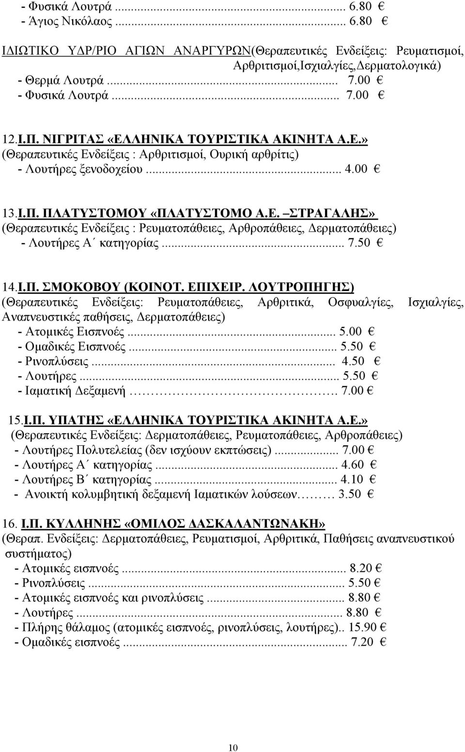 .. 7.50 14.Ι.Π. ΣΜΟΚΟΒΟΥ (ΚΟΙΝΟΤ. ΕΠΙΧΕΙΡ. ΛΟΥΤΡΟΠΗΓΗΣ) (Θεραπευτικές Ενδείξεις: Ρευματοπάθειες, Αρθριτικά, Οσφυαλγίες, Ισχιαλγίες, Αναπνευστικές παθήσεις, Δερματοπάθειες) - Ατομικές Εισπνοές... 5.