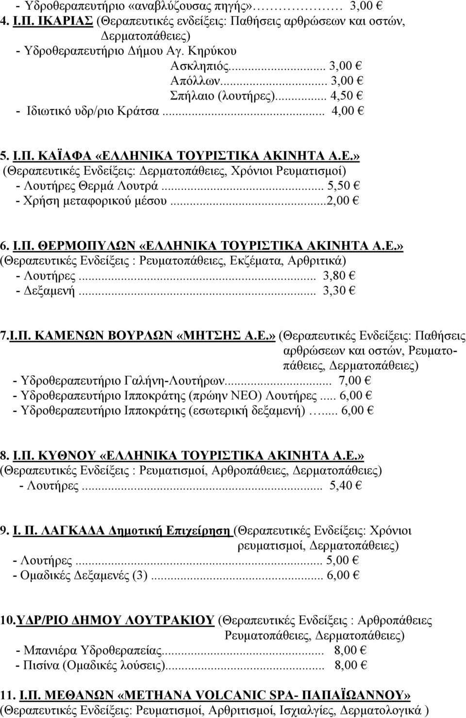 .. 5,50 - Χρήση μεταφορικού μέσου...2,00 6. Ι.Π. ΘΕΡΜΟΠΥΛΩΝ «ΕΛΛΗΝΙΚΑ ΤΟΥΡΙΣΤΙΚΑ ΑΚΙΝΗΤΑ Α.Ε.» (Θεραπευτικές Ενδείξεις : Ρευματοπάθειες, Εκζέματα, Αρθριτικά) - Λουτήρες... 3,80 - Δεξαμενή... 3,30 7.Ι.Π. ΚΑΜΕΝΩΝ ΒΟΥΡΛΩΝ «ΜΗΤΣΗΣ Α.