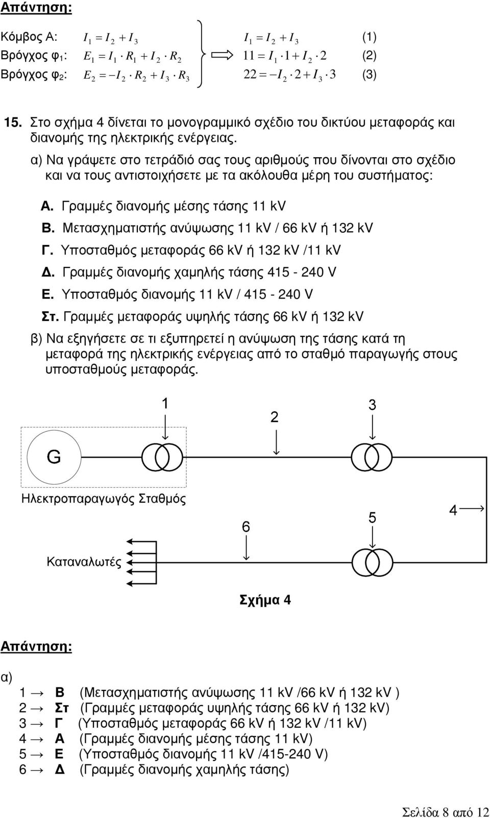 α) Να γράψετε στο τετράδιό σας τους αριθµούς που δίνονται στο σχέδιο και να τους αντιστοιχήσετε µε τα ακόλουθα µέρη του συστήµατος: Α. Γραµµές διανοµής µέσης τάσης 11 kv Β.