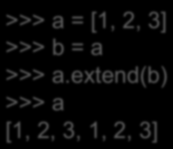 Μέθοδοι λίστών (extend) Πολλαπλά στοιχεία προστίθενται σε µια λίστα µε τη µέθοδο extend >>> a = [1, 2,