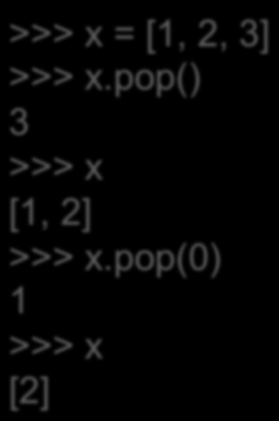 Μέθοδοι λίστών (pop) Η µέθοδος pop υπολογίζει ένα στοιχείο της λίστας και ταυτόχρονα το διαγράφει από αυτή >>> x = [1, 2, 3] >>> x.