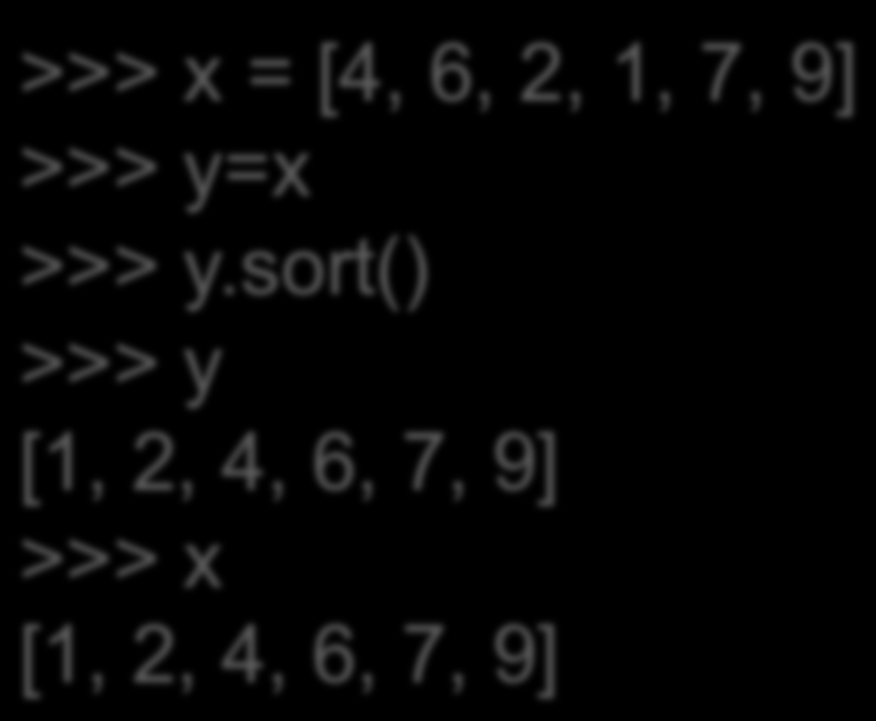 Μέθοδοι λίστών (sort) Άσκηση: Θέλουµε να αρχικοποιήσουµε µια νέα λίστα µε τα περιεχόµενα της x ταξινοµηµένα, χωρίς να πειράξουµε τη x >>> x = [4, 6, 2, 1, 7, 9] >>> y=x