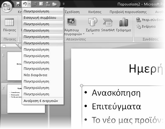 56 Ελληνικό Microsoft PowerPoint 2007 µε µια µατιά Αναίρεση και επανάληψη ενέργειας 1.