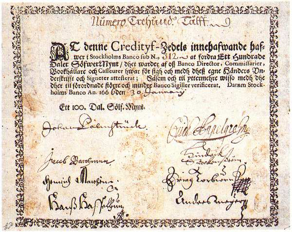 Η τιµή της δηµιουργίας των πρώτων ελεύθερα κυκλοφορούντων τραπεζογραµµατίων της Ευρώπης ανήκει στον Γιόχαν Πάλµστρουκ, που ίδρυσε την Τράπεζα της Στοκχόλµης στη Σουηδία το 1656.