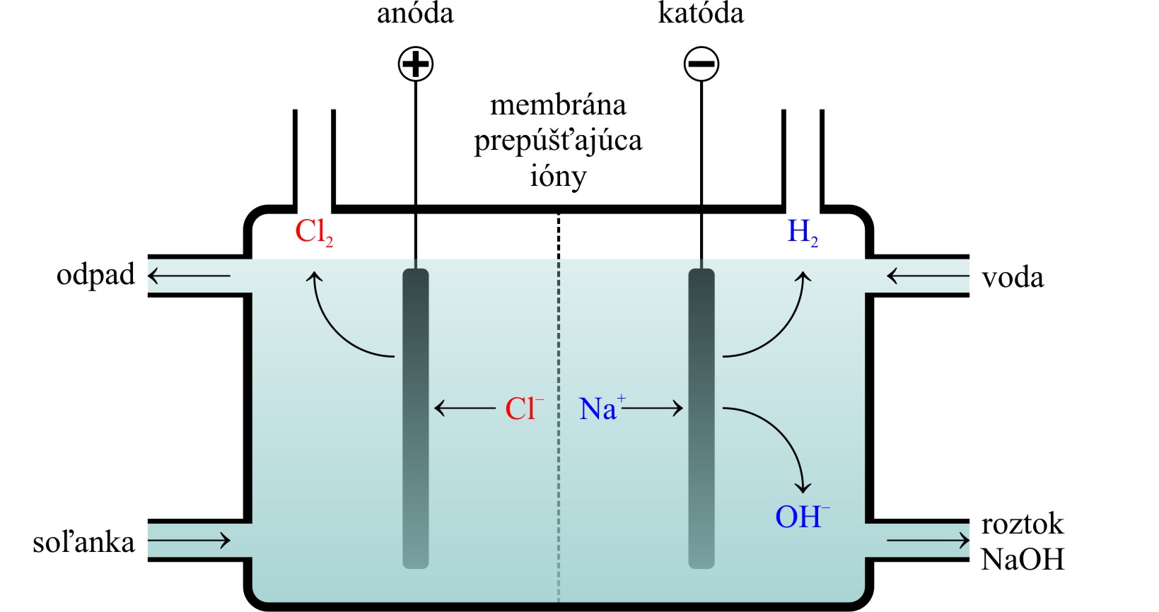Grafitová anóda (+): 2Cl - ( aq) - 2e - Cl2( g) Železná katóda ( ): + - 2HO 2 () l 2H( aq) + 2OH( aq) azbestová diafragma prepúšťa ióny Na +, a je