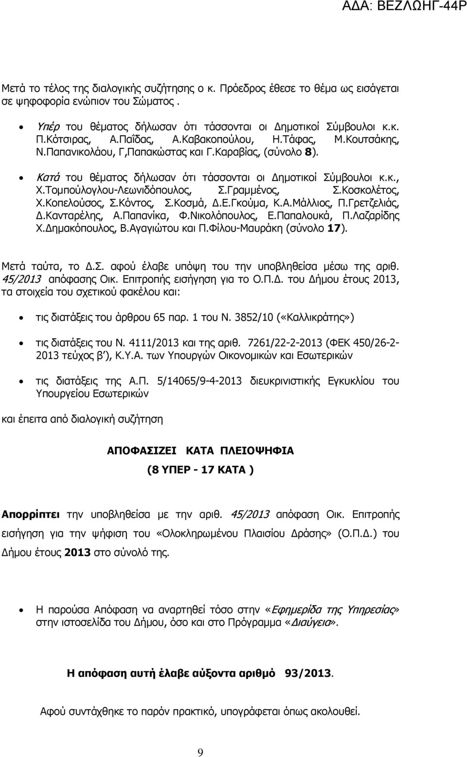 Τομπούλογλου-Λεωνιδόπουλος, Σ.Γραμμένος, Σ.Κοσκολέτος, Χ.Κοπελούσος, Σ.Κόντος, Σ.Κοσμά, Δ.Ε.Γκούμα, Κ.Α.Μάλλιος, Π.Γρετζελιάς, Δ.Κανταρέλης, Α.Παπανίκα, Φ.Νικολόπουλος, Ε.Παπαλουκά, Π.Λαζαρίδης Χ.