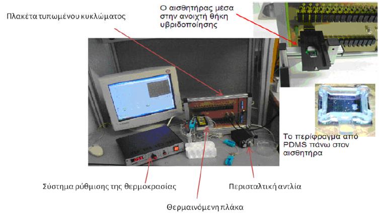 ένα σύστημα ελέγχου θερμοκρασίας. Με αυτή τη συσκευή ρύθμισης της θερμοκρασίας και με τη χρήση μιας θερμαινόμενης πλάκας επιτυγχάνεται η επιθυμητή θερμοκρασία μέσα στο θάλαμο υβριδοποίησης.