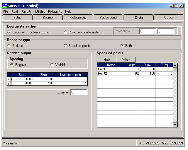 Εικόνα 6. Grids screen 4.2.6 Output screen Στην καρτέλα αυτή (Εικ. 7) προσδιορίζονται οι πηγές και οι ρύποι που θα ληφθούν υπόψη κατά τη διαδικασία της προσομοίωσης της διασποράς από το μοντέλο.