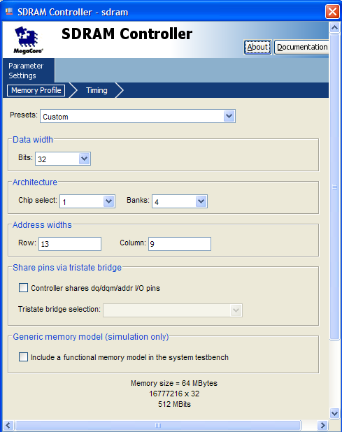 component από τα UP IP cores της Altera, το οποίο να αναφερθεί παρακάτω, συντελεί στην σωστή ένταξη της μνήμης στο σύστημα. Εικόνα 3.4 Ρυθμίσεις της SDRAM μνήμης.