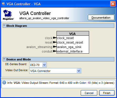 Εικόνα 3.12 Ρυθμίσεις του VGA Controller core. 3.12 ΡΥΘΜΙΣΗ ΤΟΥ CHARACTER BUFFER CORE Προφανώς το σύστημα που υλοποιείται έχει τη δυνατότητα εμφάνισης μηνυμάτων.
