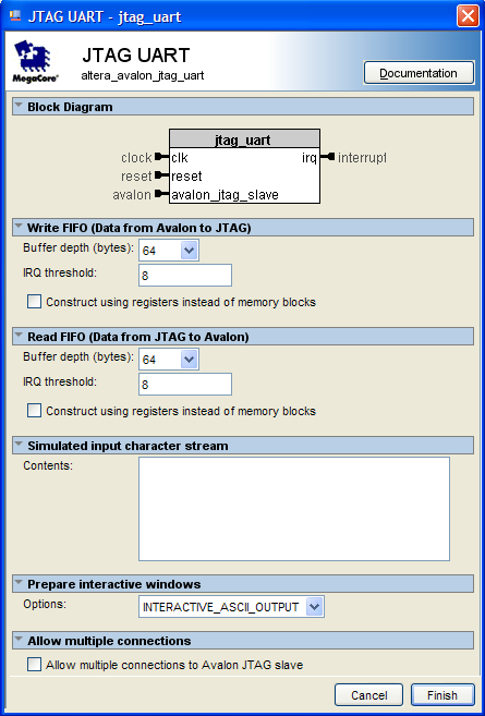Εικόνα 3.17 Ρυθμίσεις του JTAG UART core. 3.17 ΡΥΘΜΙΣΗ TOY INTERVAL TIMER CORE Οι περισσότεροι επεξεργαστές απαιτούν τουλάχιστον την χρήση ενός Interval Timer στο συνολικό σύστημα.