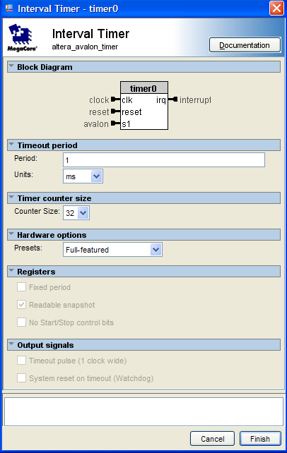 Εικόνα 3.18 Ρυθμίσεις του Interval Timer core. 3.18 ΡΥΘΜΙΣΗ ΤΩΝ PARALLEL I/O PERIPHERALS (PIO) CORES Οι περισσότεροι επεξεργαστές παρέχουν συγκεκριμένα pins που αφορούν τα γενικής χρήσης I/Os (General Porpuse I/Os ή GPIO).
