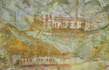 Τοιχογραφία από τη Σαντορίνη 17 αιώνες π.χ. Απεικονίζεται εμπορική νηοπομπή. Μελανόμορφο αρχαίο ελληνικό αγγείο του 6ου π.χ. αιώνα. Απεικονίζεται συγκομιδή ελιάς. 2.
