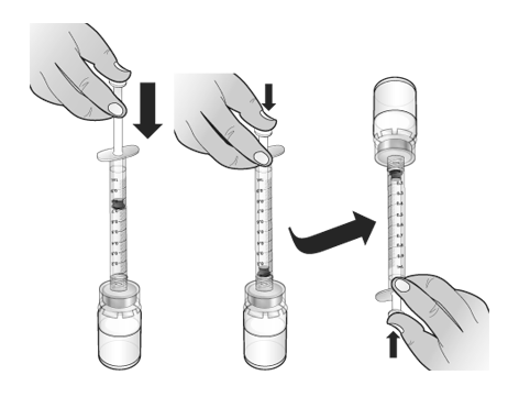 Urobte nasledovné: Vyberte 1 ml injekčnú striekačku z obalu. Natiahnite vzduch do injekčnej striekačky po značku 1 ml. Nevyťahujte piest ďalej ako po 1 ml.
